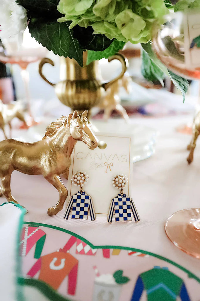 Blue Jockey Silk Enamel Drop Earrings in Blue & White Jewelry Peacocks & Pearls Lexington   