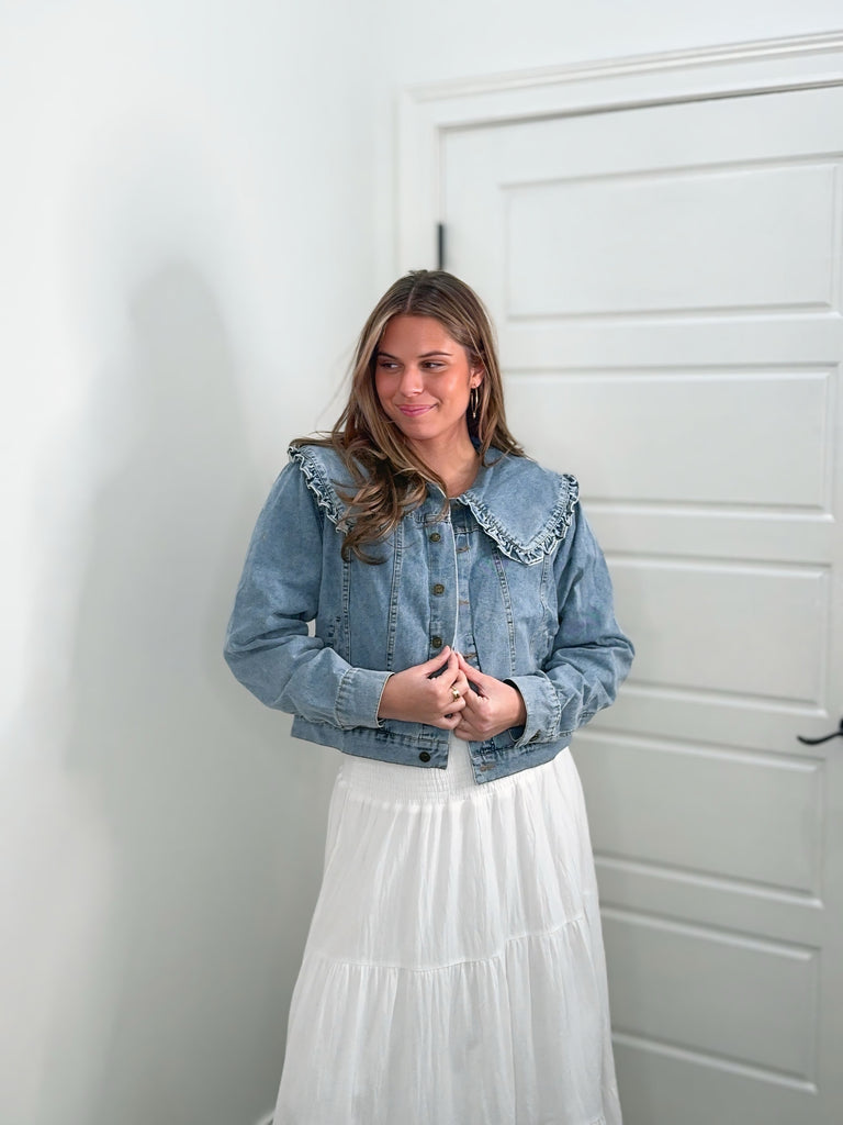 Peter Pan Collar Denim Jacket Clothing Peacocks & Pearls Lexington