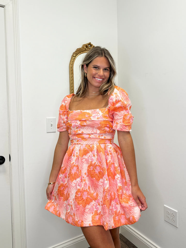 Going Steady Pink/Orange Jacquard Dress Clothing Peacocks & Pearls Lexington   