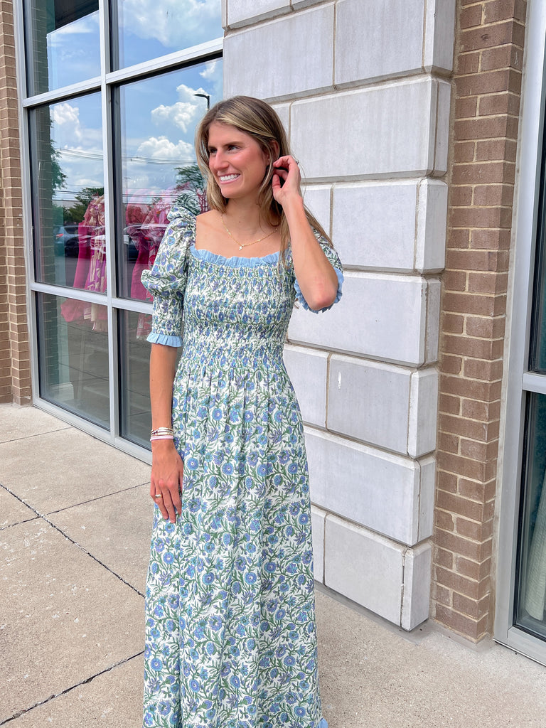 Lori Maxi Block Printed Dress Clothing Peacocks & Pearls Lexington   