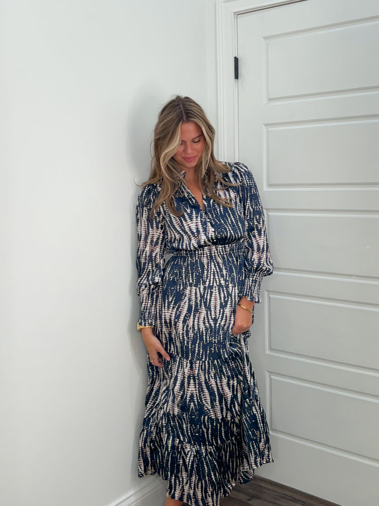 Star Struck Navy Metallic Detail Print Maxi Dress Clothing Peacocks & Pearls Lexington   