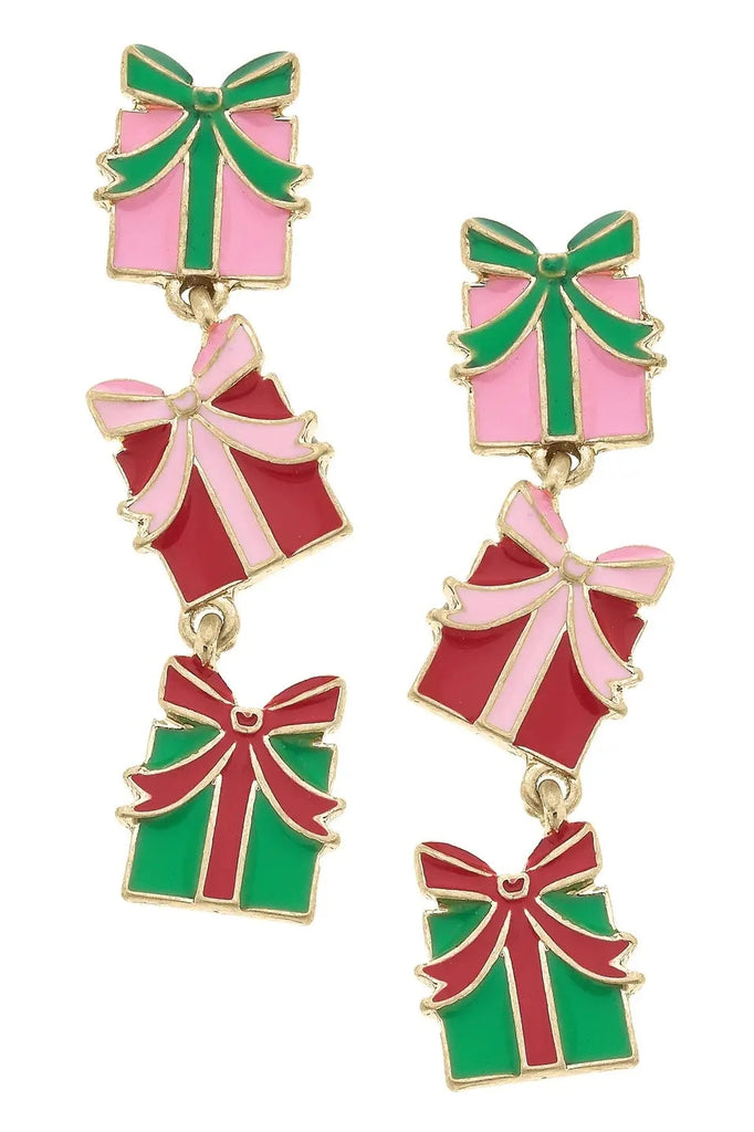 Tis' the Season Enamel Present Earrings in Pink/Green/Red Jewelry Peacocks & Pearls Lexington   