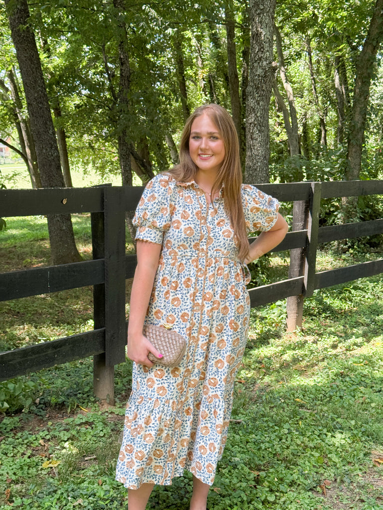 Blue Harvest Midi Dress Clothing Peacocks & Pearls Lexington
