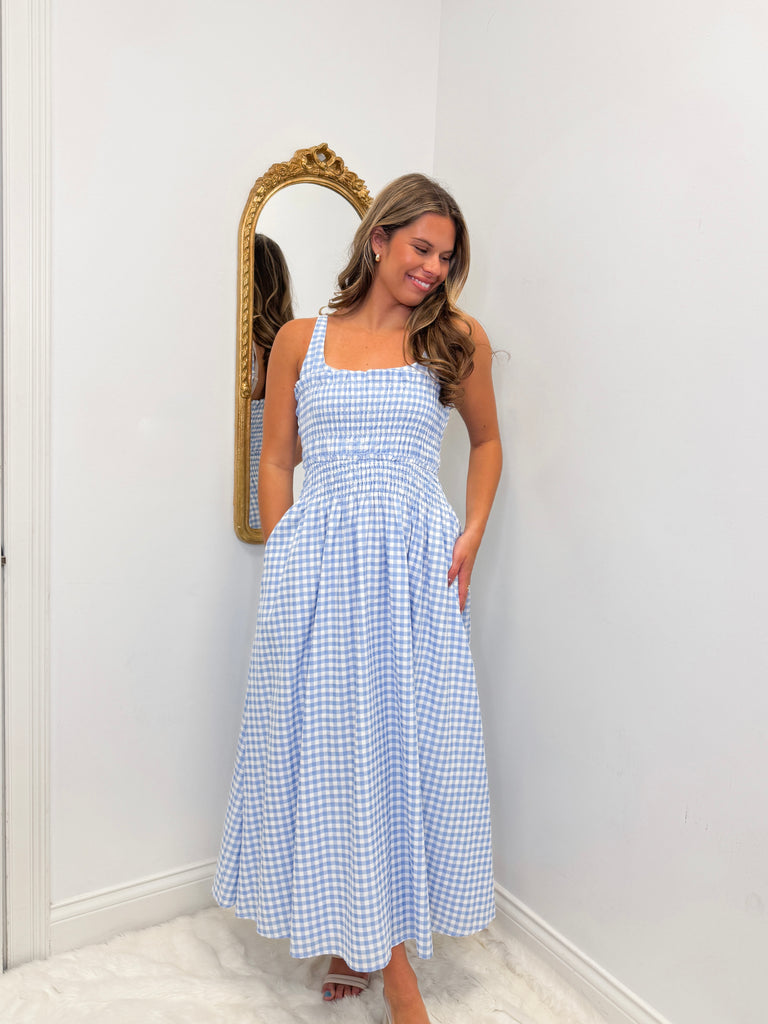 Blue Meadow Midi Dress Clothing Peacocks & Pearls Lexington