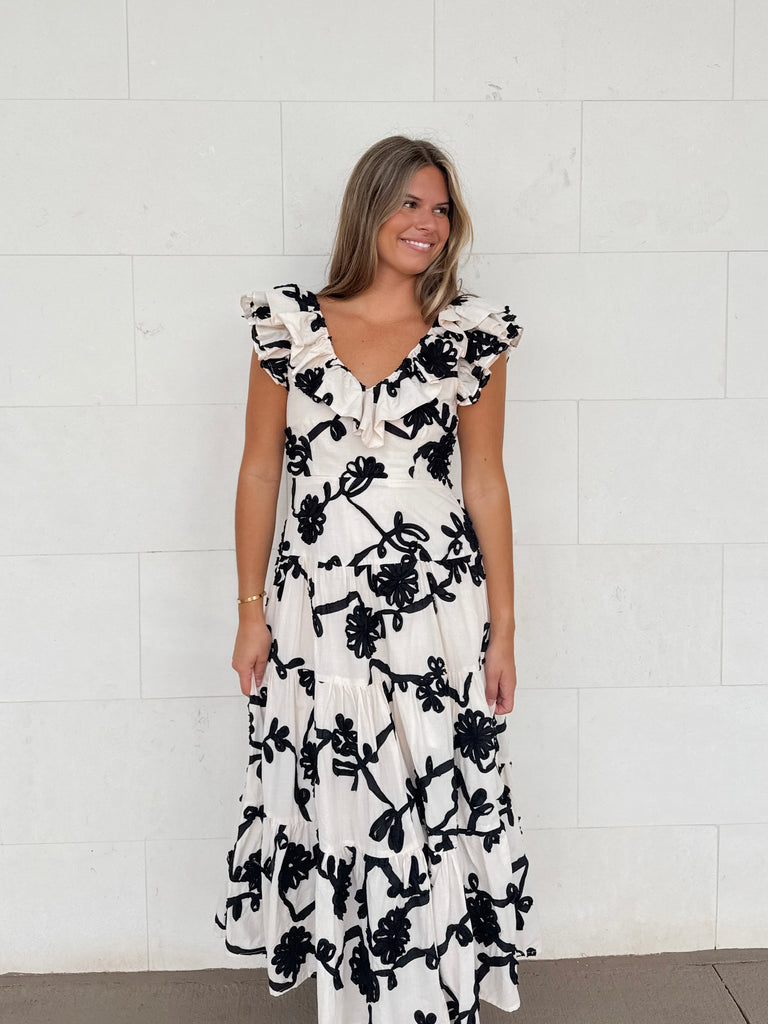 Floral Noir Applique Midi Dress Clothing Peacocks & Pearls Lexington
