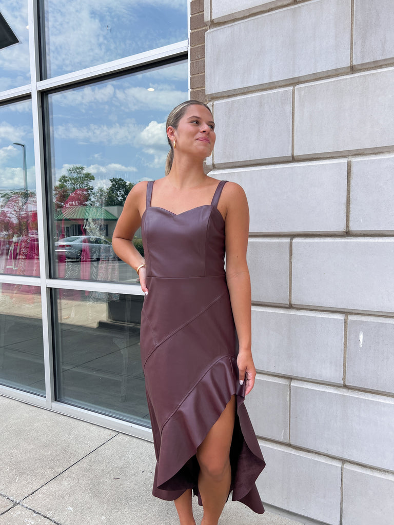 Fine Wine Ruffle Faux Leather Dress Clothing Peacocks & Pearls Lexington   