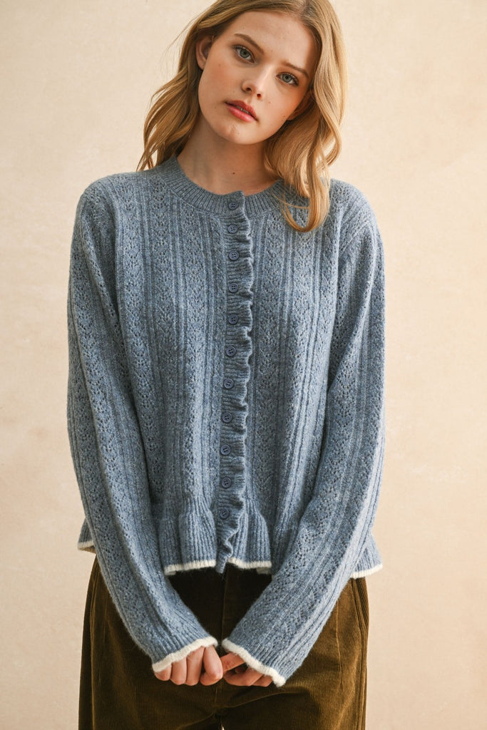 The Blueberry Ruffle Cardigan Clothing Peacocks & Pearls Lexington