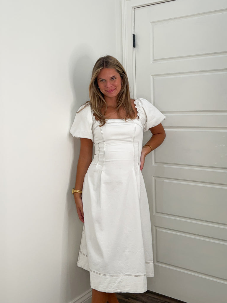 Dance With Me White Midi Dress Clothing Peacocks & Pearls Lexington   