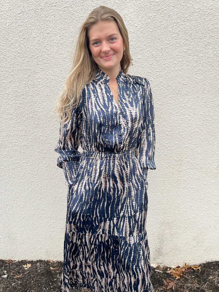 Star Struck Navy Metallic Detail Print Maxi Dress Clothing Peacocks & Pearls Lexington   