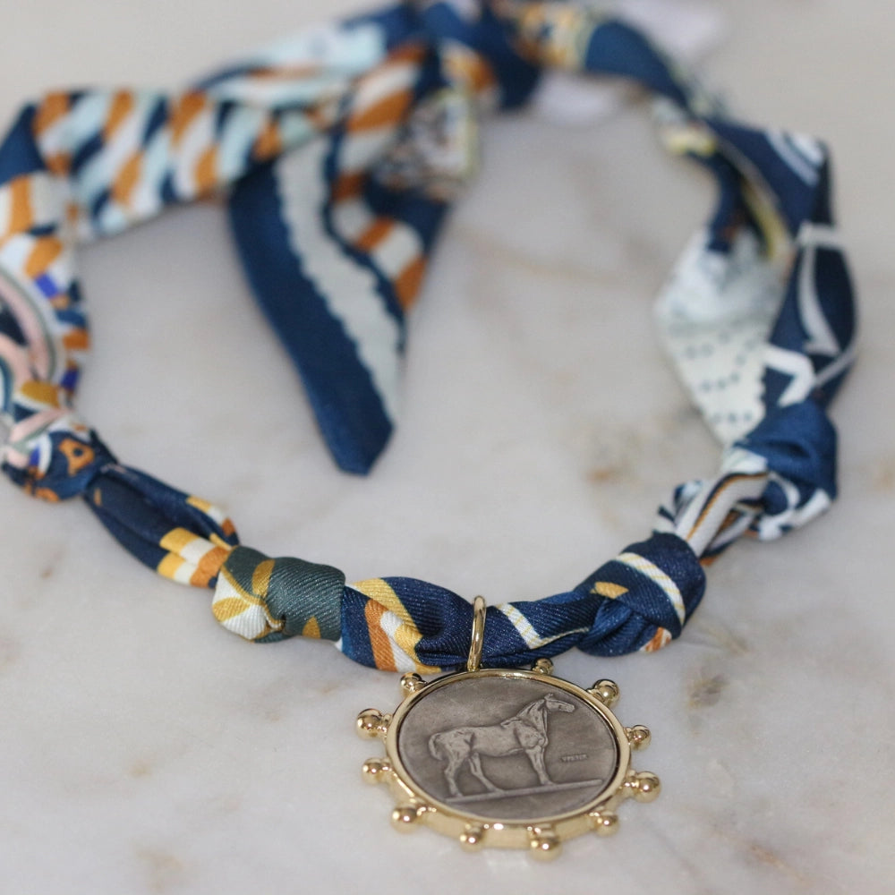 Scarf Pendant Necklace Jewelry Peacocks & Pearls Lexington Horse Coin Navy