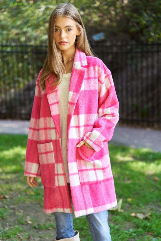 Pink Plaid Coat And White Leggings