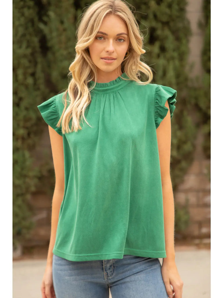 Suede Flutter Sleeve Ruffle Neck Top Clothing Voy S Green 