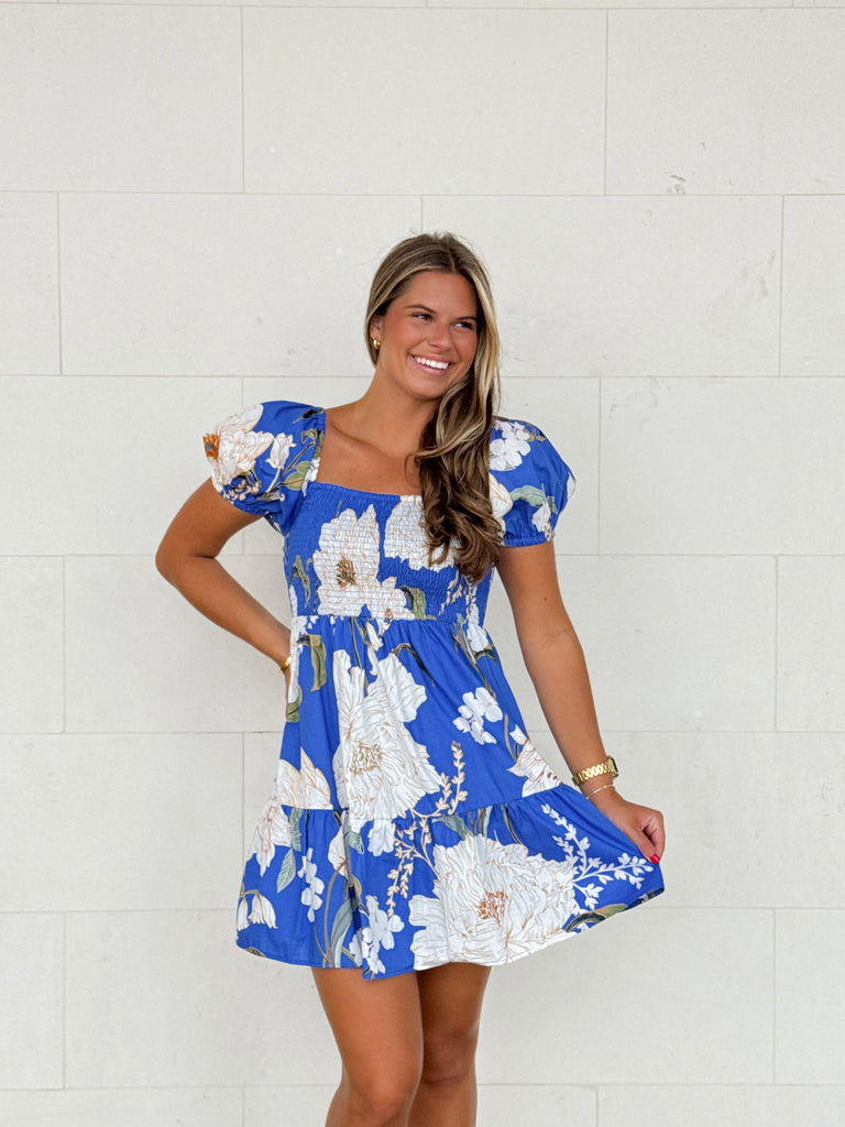 Roswell Floral Smocked Short Dress Clothing Peacocks & Pearls Lexington
