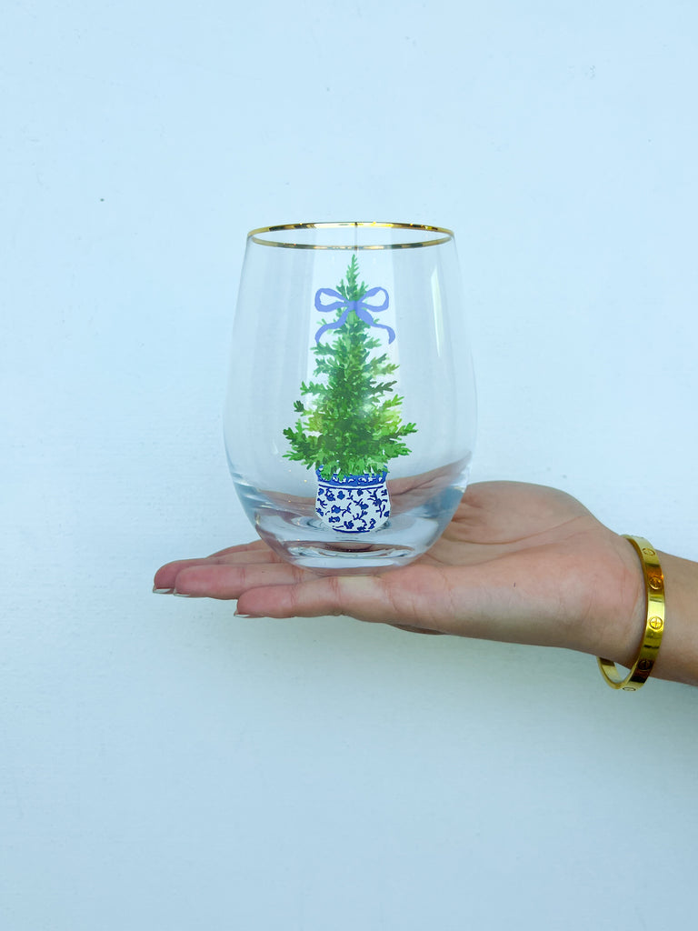 Fancy & Festive Tree Stemless Wine Glass Home Peacocks & Pearls Lexington   