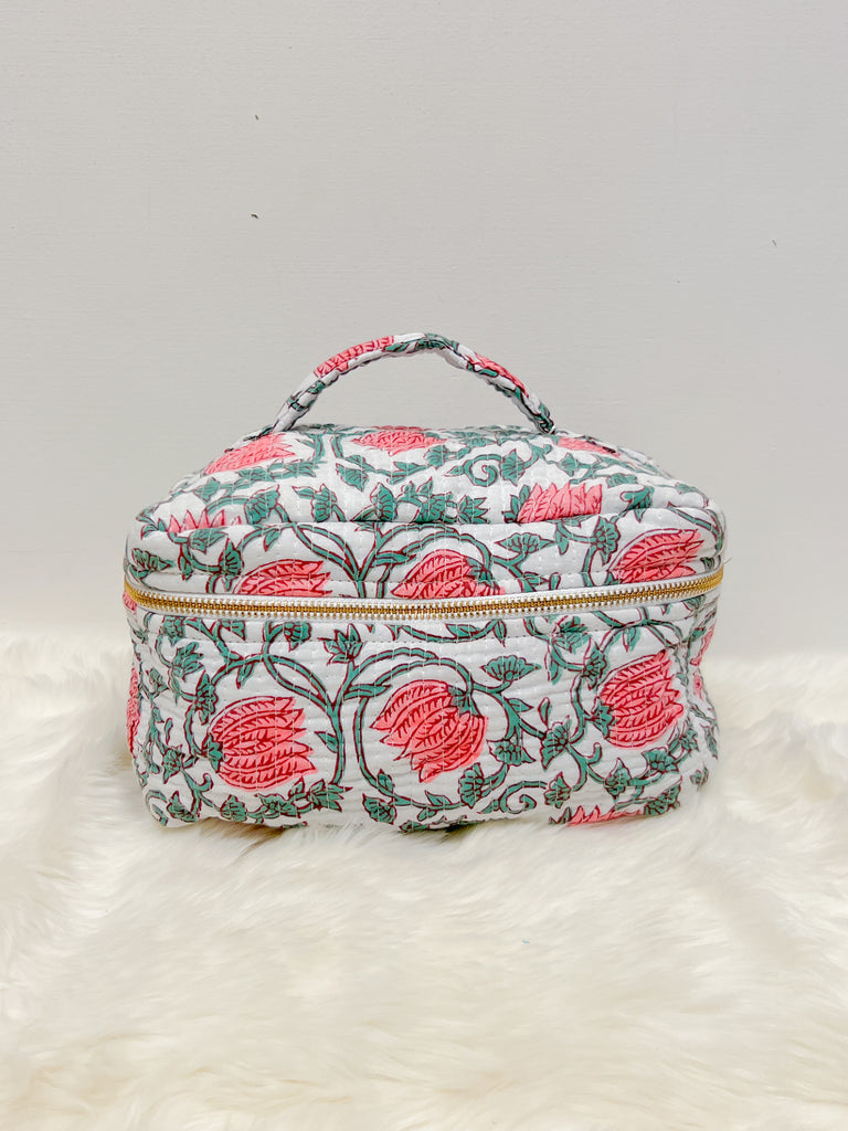 Calli Jane Handle Cosmetic Bag Purse Peacocks & Pearls Lexington Pink/Green