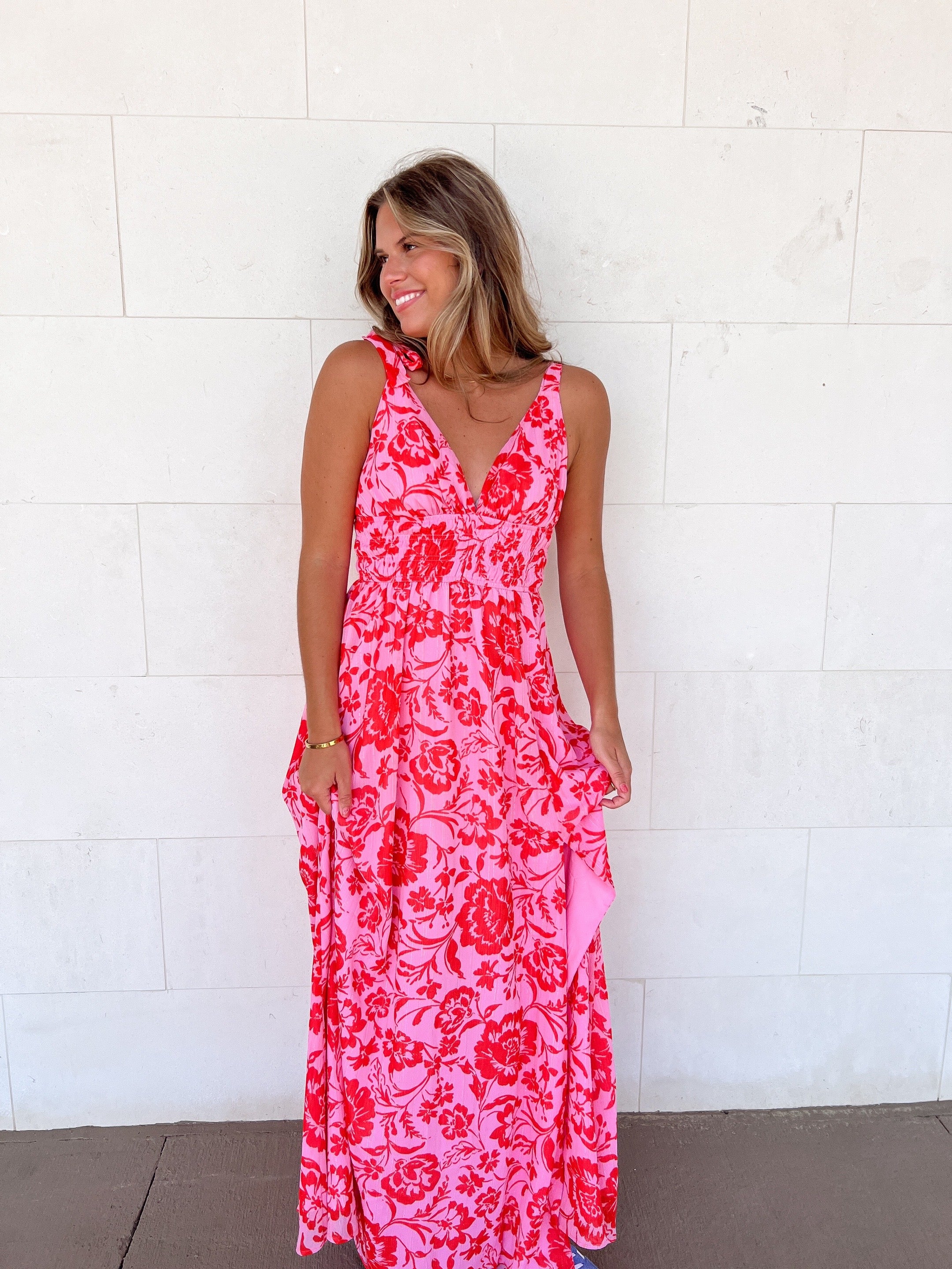 pinch pink dress PINCH Kiara Stripe Collared Puff Sleeve Midi Dress (Pink) M