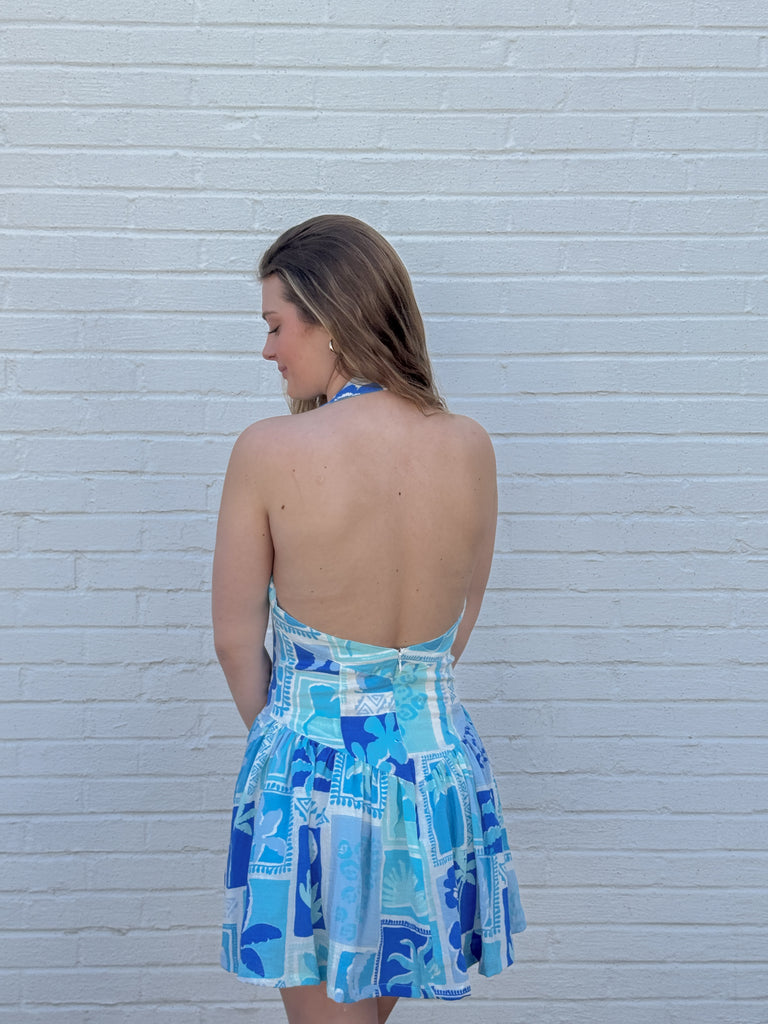 Tropical Blues Halter Dress Clothing Peacocks & Pearls Lexington