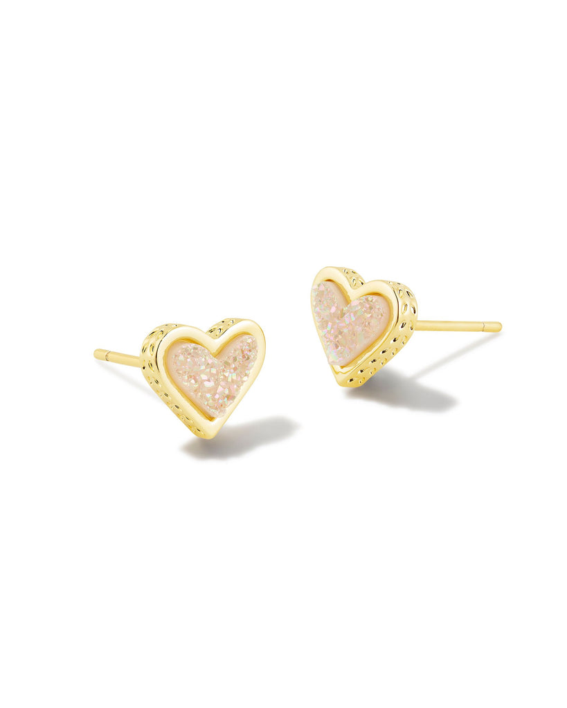 Framed Ari Heart Stud Earrings Jewelry Peacocks & Pearls Lexington Gold Iridescent Drusy