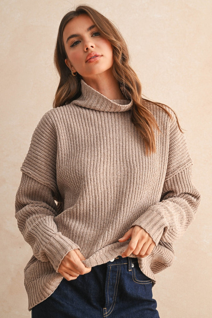 Drop Shoulder High Neck Sweater Clothing Miou Muse Sand S