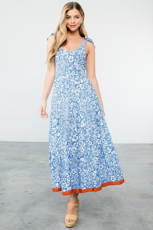 Blue/White Floral Maxi W/ Orange Trim Dress Blue/White Floral Maxi W/ Orange Trim Dress