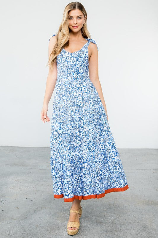 Blue/White Floral Maxi W/ Orange Trim Dress Clothing THML   