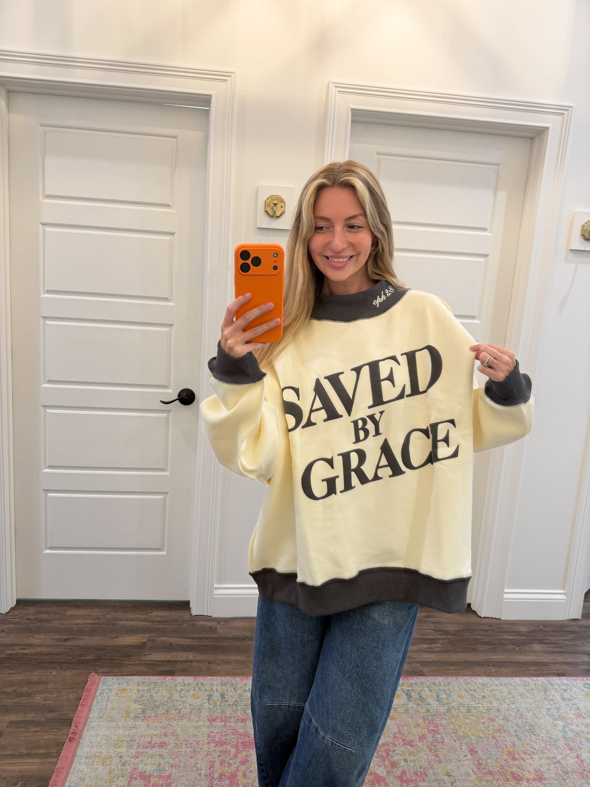 Saved By Grace Puff Print Mock Neck – Peacocks & Pearls Lexington