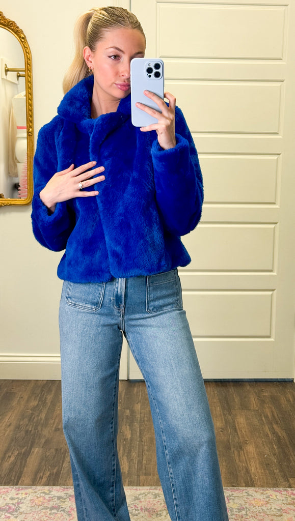 I Rock The Blue Short Faux Fur Coat Clothing Peacocks & Pearls Lexington   