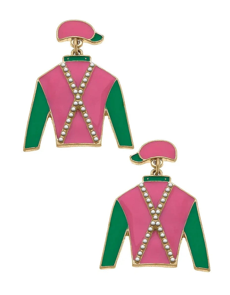 Justify Jockey Silk Enamel Drop Earrings in Pink & Green Jewelry Peacocks & Pearls Lexington   