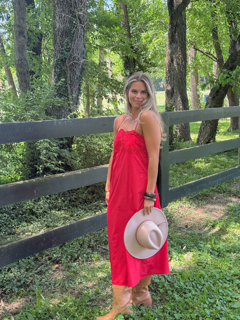 eyelet red dress The Scarlet Eyelet Maxi Dress L