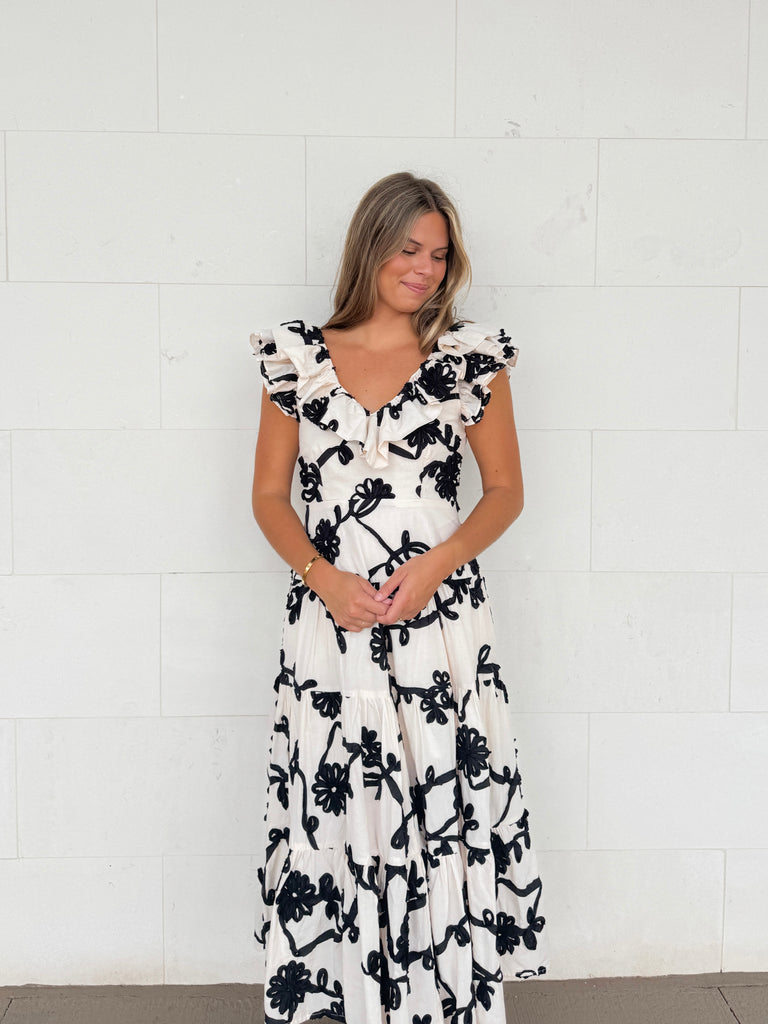 Floral Noir Applique Midi Dress Clothing Peacocks & Pearls Lexington