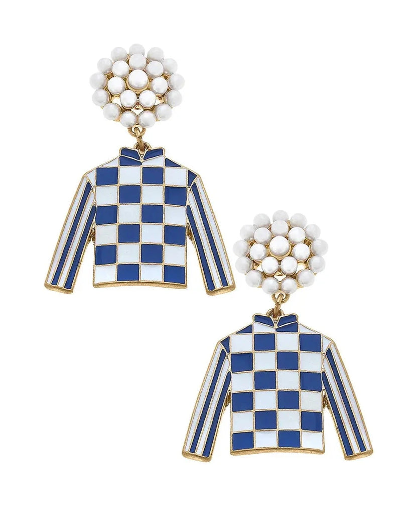Blue Jockey Silk Enamel Drop Earrings in Blue & White Jewelry Peacocks & Pearls Lexington   