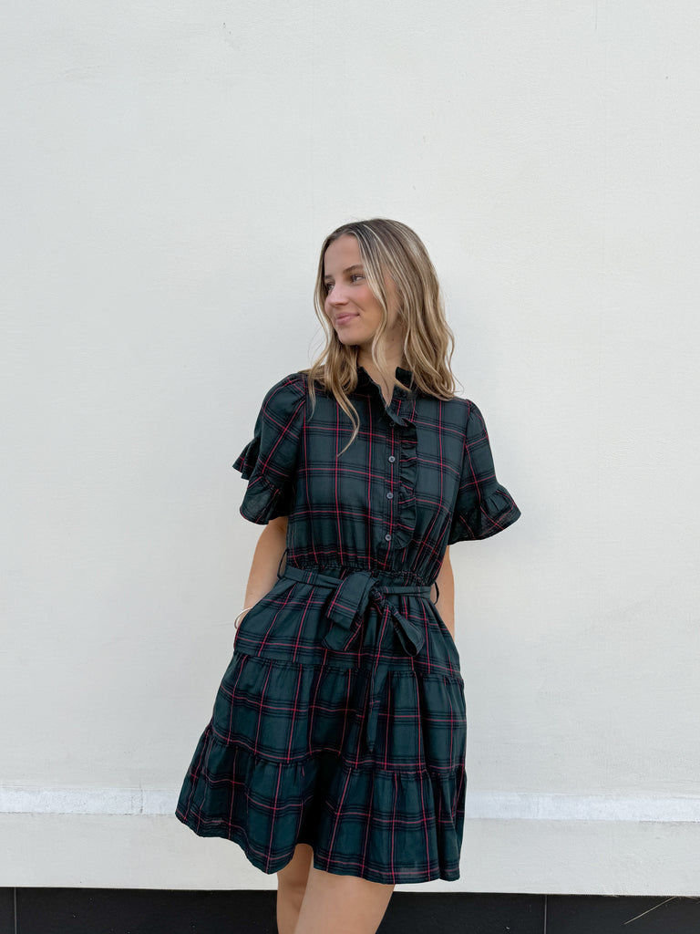 Brook Plaid Cottonwood Ruffle Button Down Mini Dress Clothing Peacocks & Pearls Lexington   