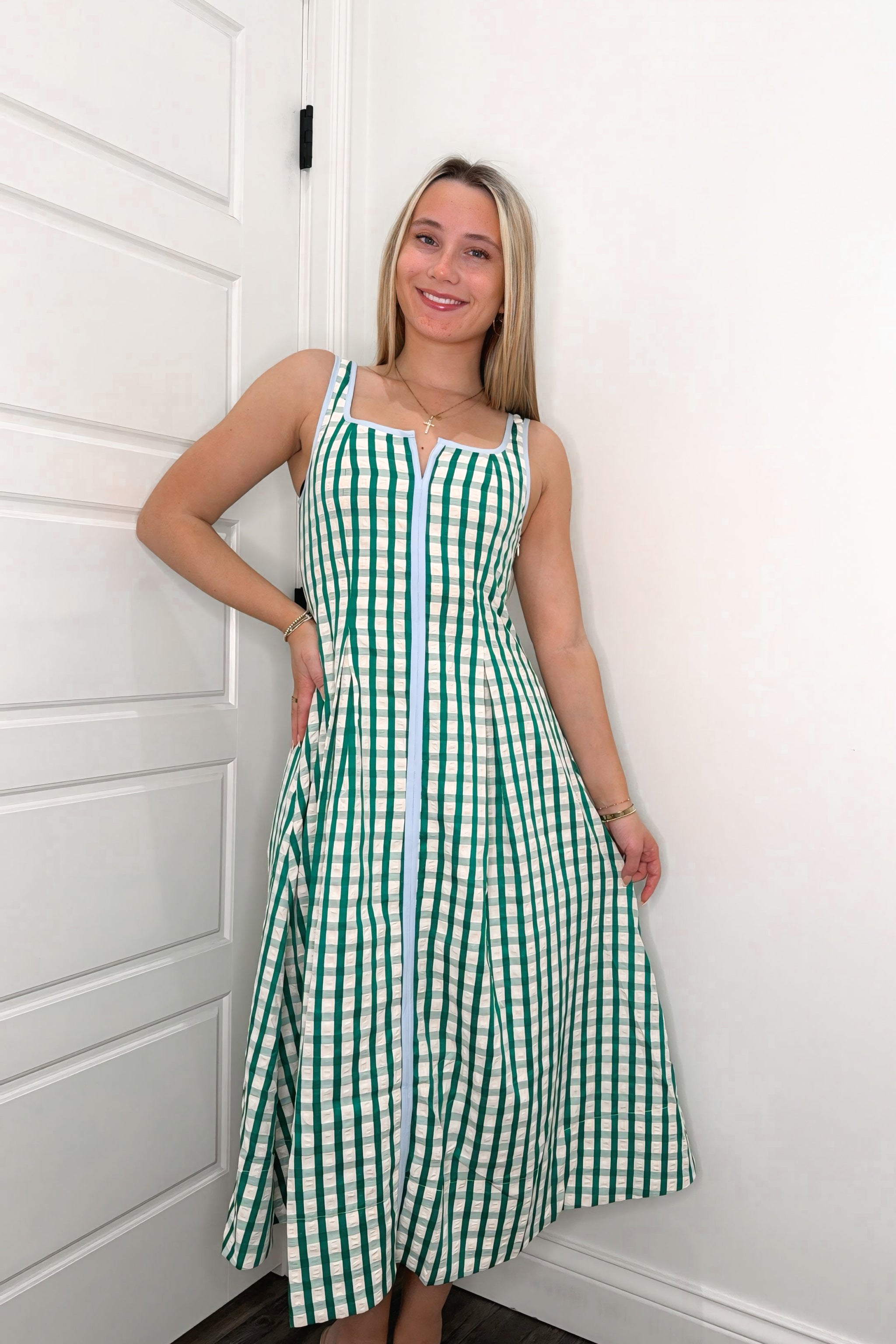 Green Gingham Pleated Midi Dress S Green Gingham Pleated Midi Dress S