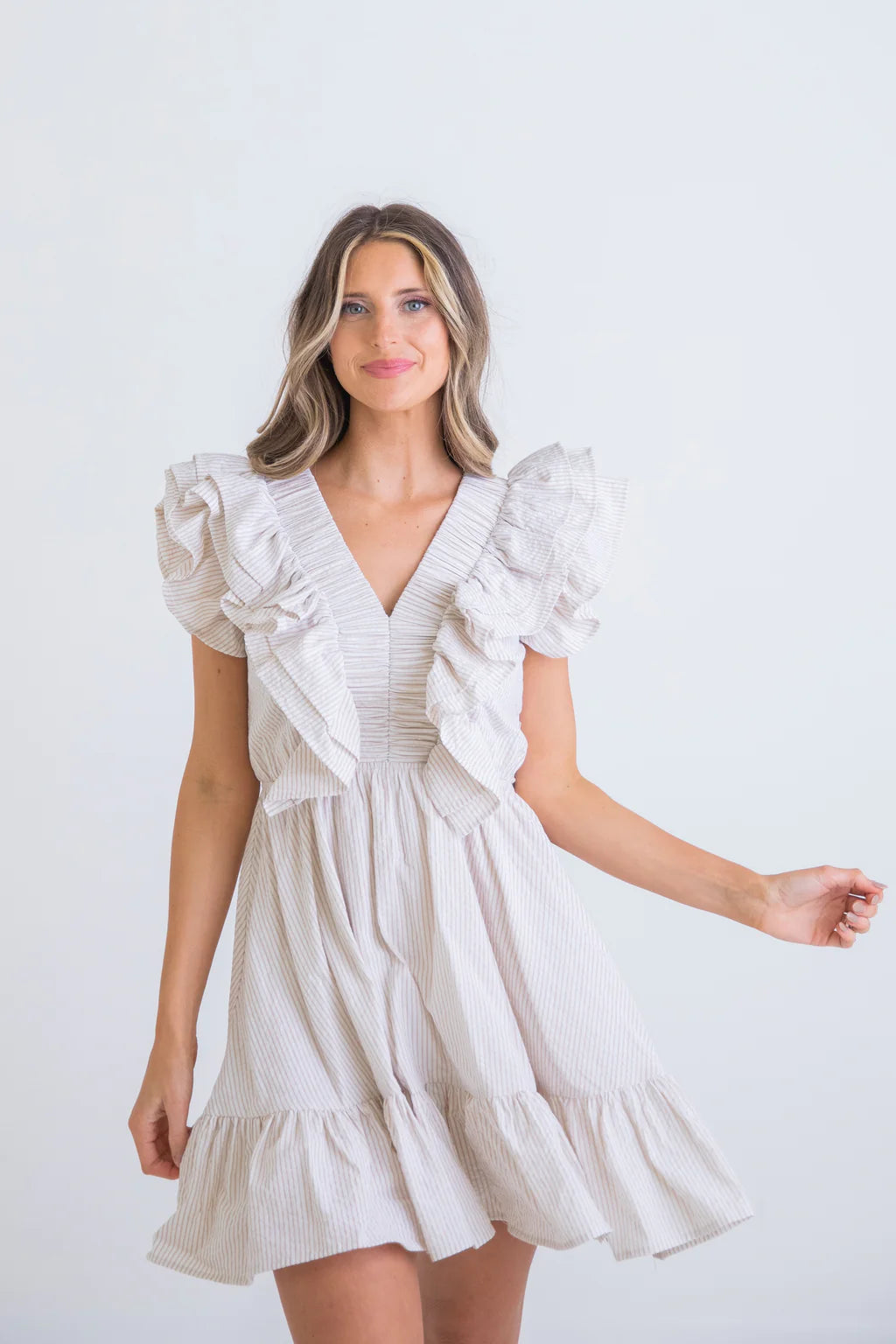 Tan/White Seersucker V-neck Ruffled Dress