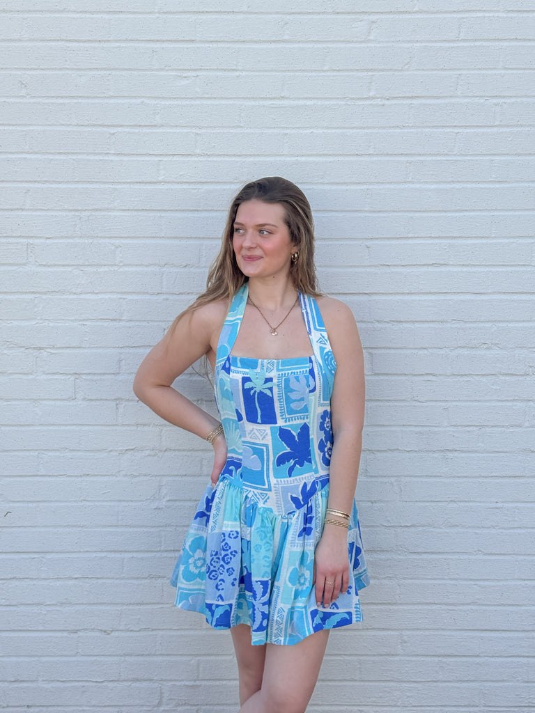 Tropical Blues Halter Dress Clothing Peacocks & Pearls Lexington