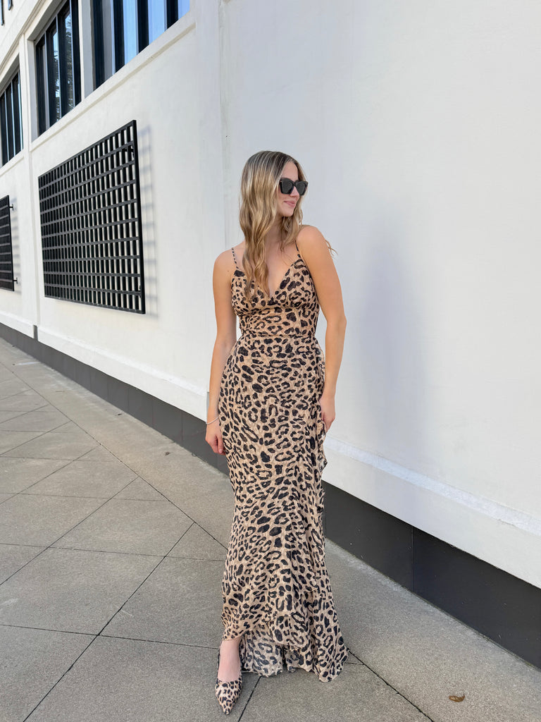 Clare Leopard Doris Ruffle Maxi Dress Clothing Peacocks & Pearls Lexington   