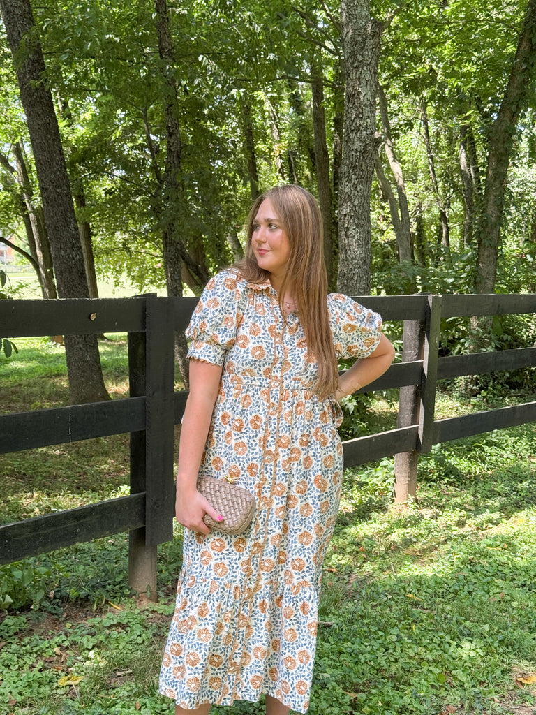 Blue Harvest Midi Dress Clothing Peacocks & Pearls Lexington