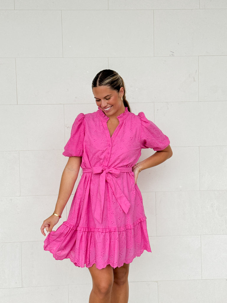 Sky Eyelet Sasha Shift Mini Dress Clothing Peacocks & Pearls Lexington Pink XS