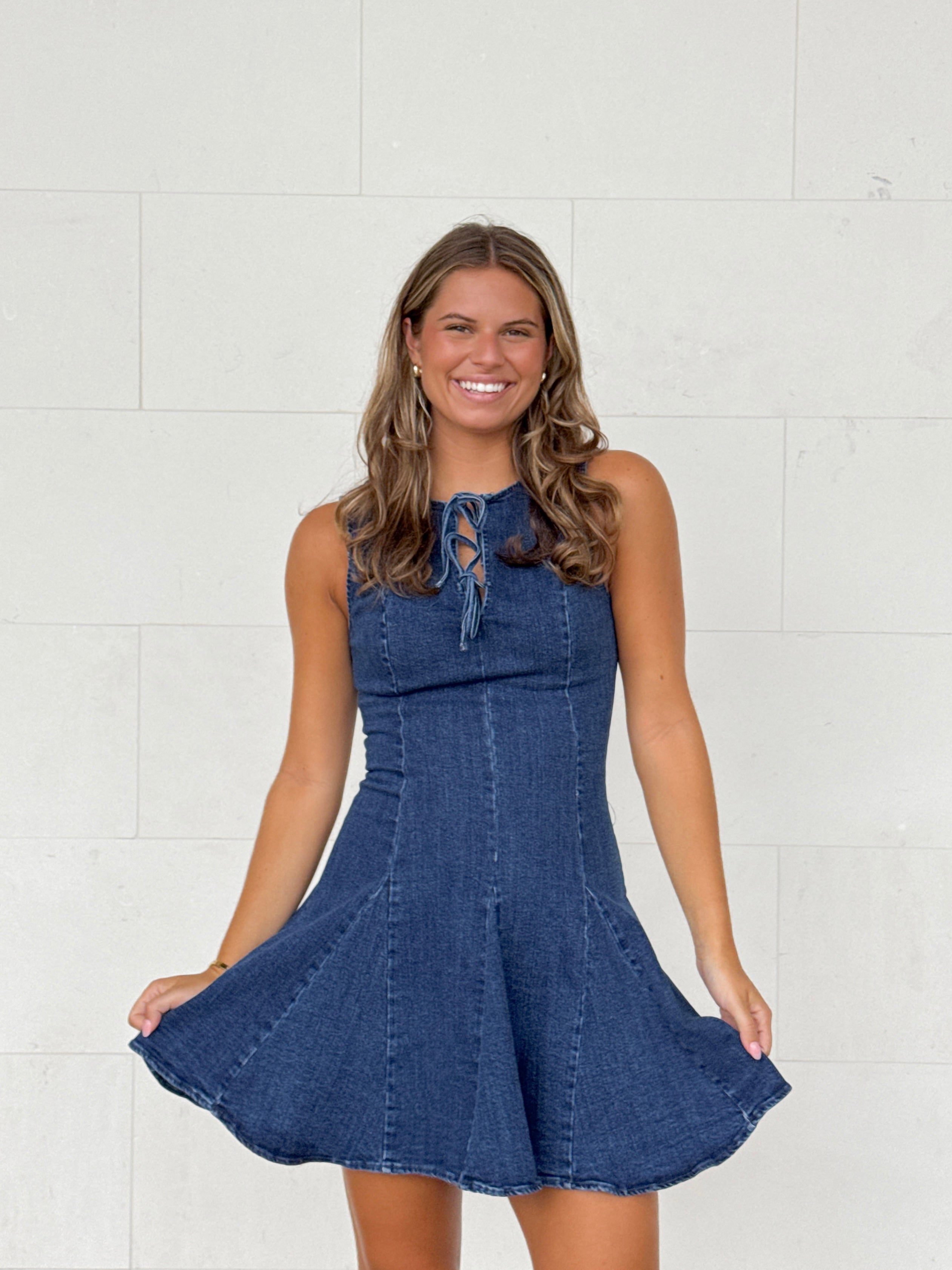all denim dress Women's The Right Impression Medium Wash Cotton Midi | Size: L Elasticized back Denim dress lovers @maye_the_label have