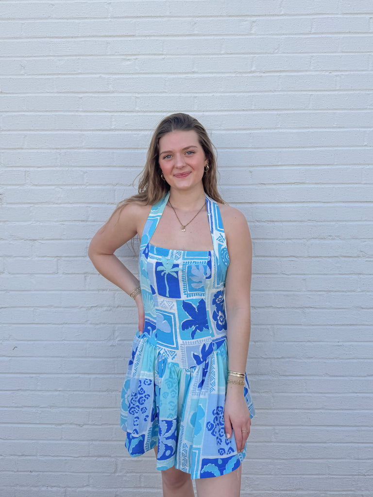 Tropical Blues Halter Dress Clothing Peacocks & Pearls Lexington