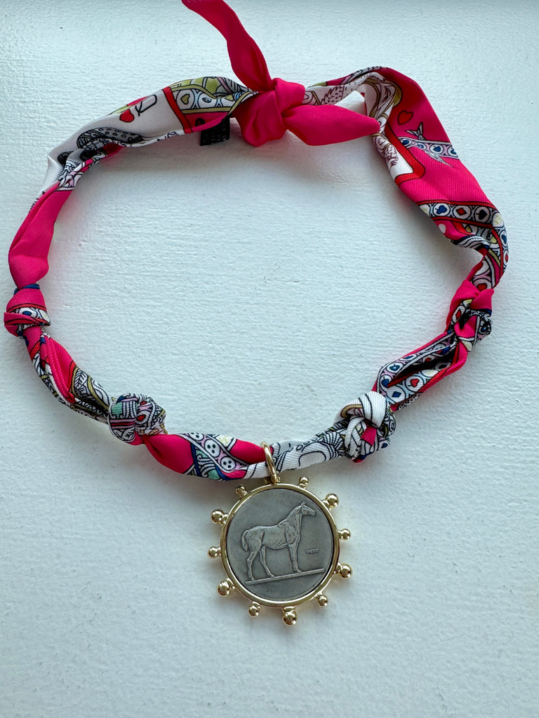 Scarf Pendant Necklace Jewelry Peacocks & Pearls Lexington Horse Coin Pink