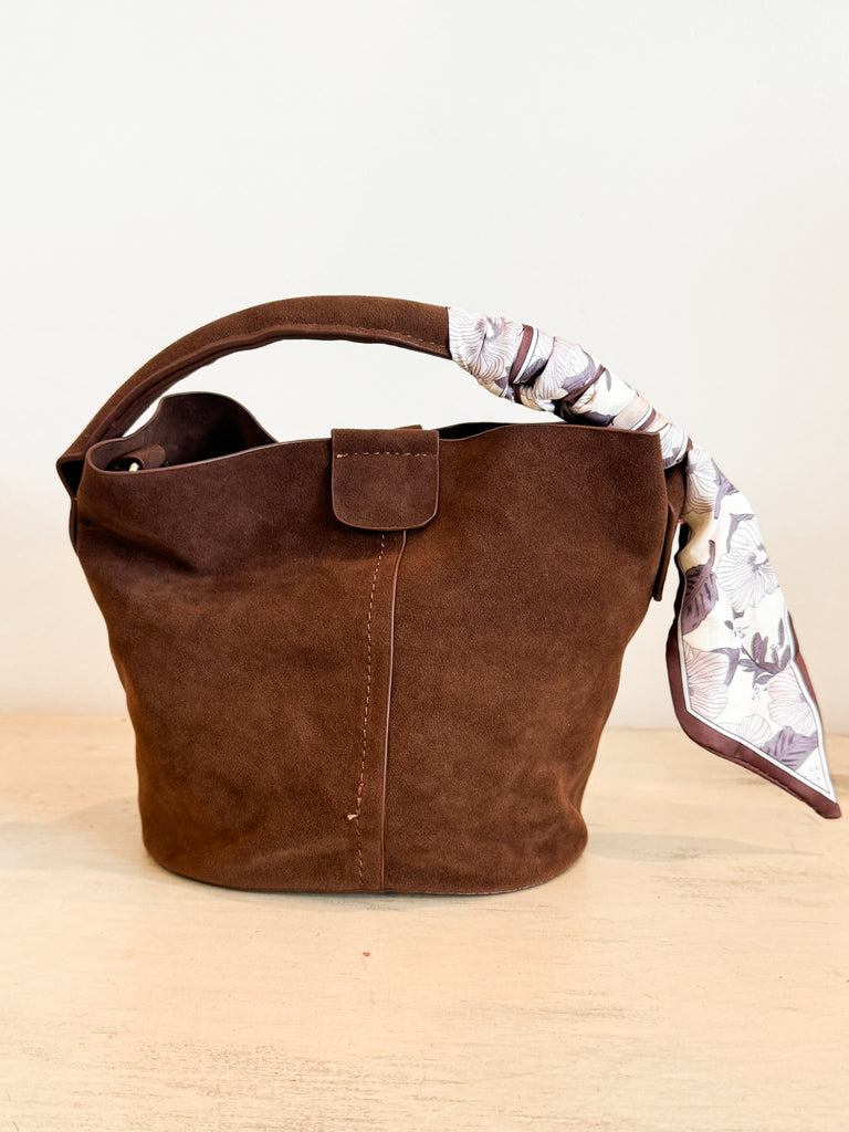 Suede Bucket Bag Accessory Peacocks & Pearls Lexington Small Chocolate Brown