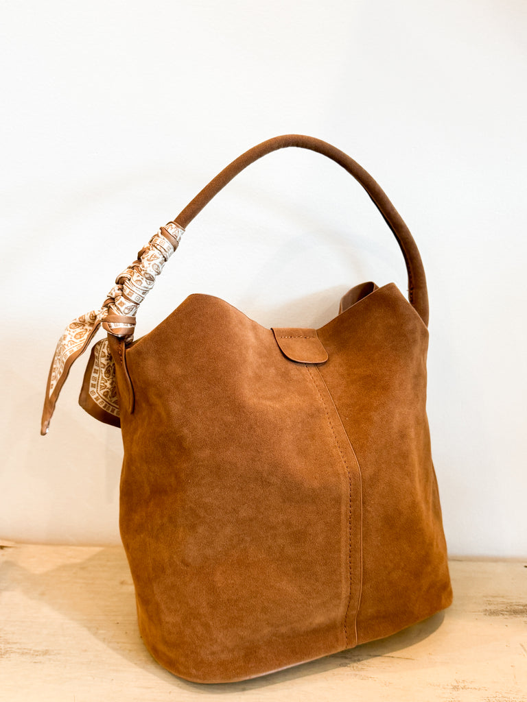 Suede Bucket Bag Accessory Peacocks & Pearls Lexington Large Camel