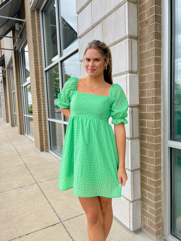 Plaid Short Puff Sleeve Dress Clothing Sundayup Green S 
