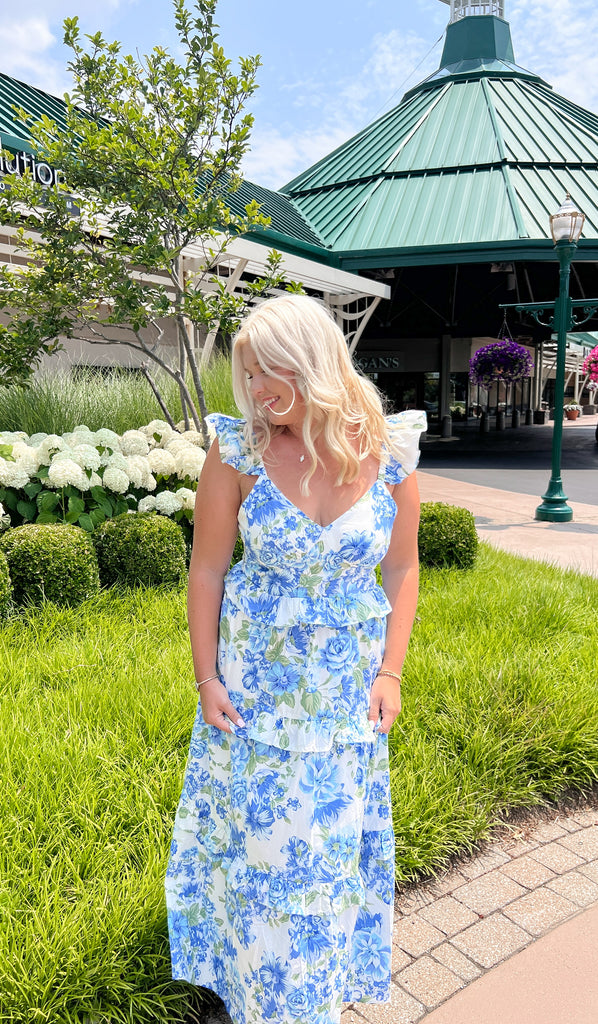 Truth Be Told Blue Floral Tiered Maxi Dress Clothing Peacocks & Pearls Lexington   