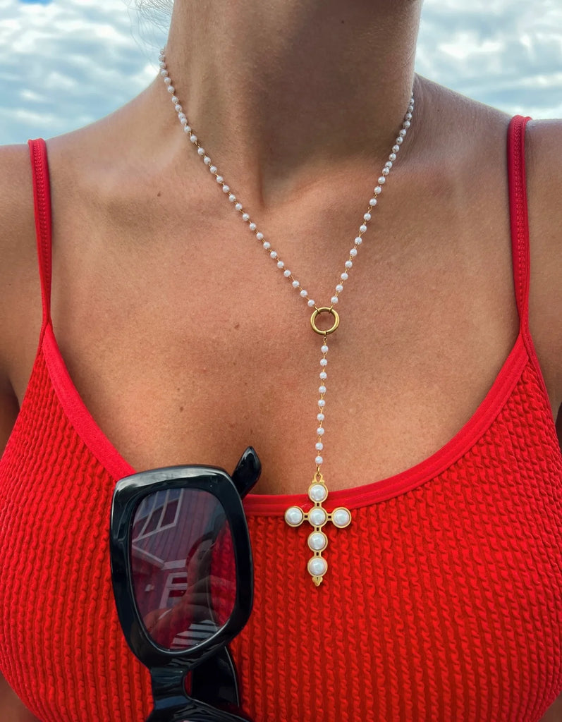 Lariat Pearl Cross Necklace Jewelry Peacocks & Pearls Lexington