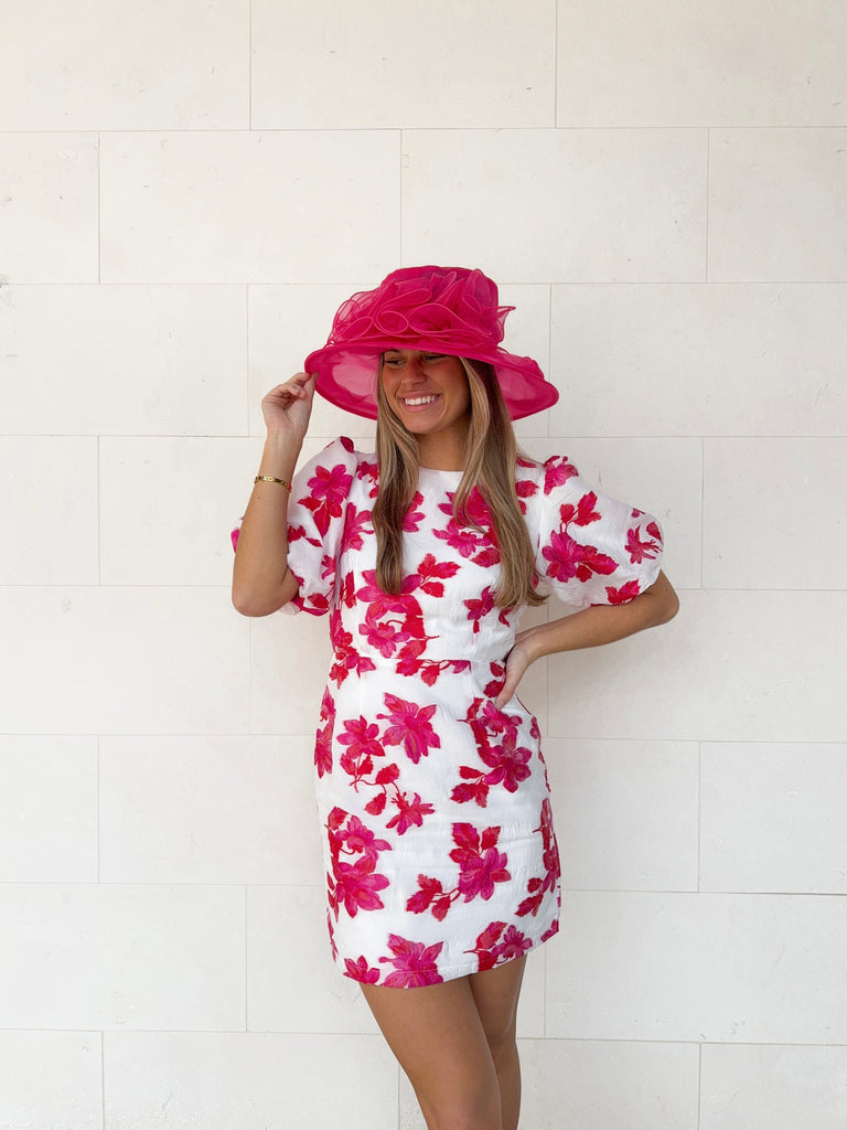 Loral Jacquard Puff Slv Floral Dress Clothing Entro   