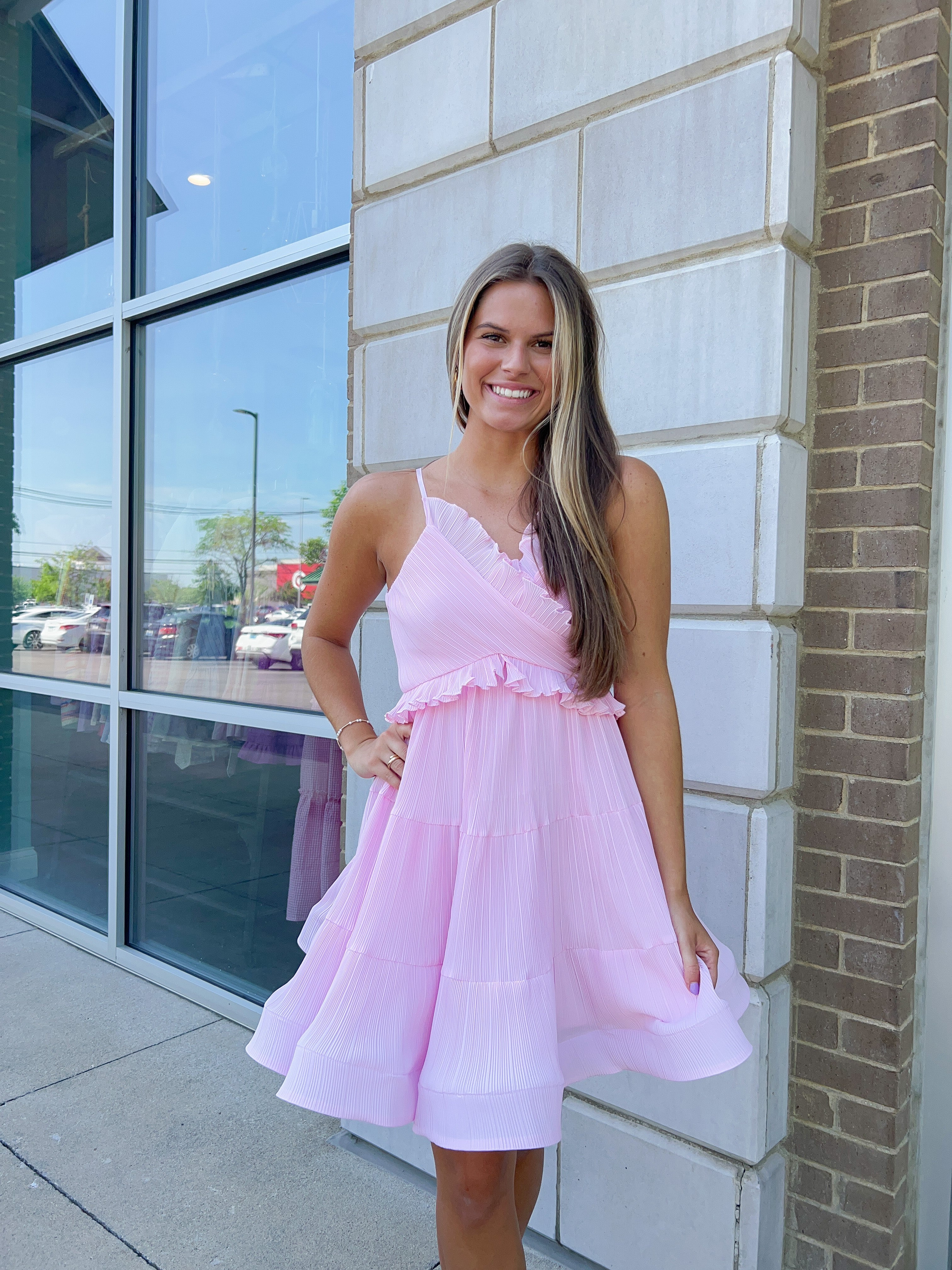 Pink Pleated Fit Flare Dress Pink Pleated Fit Flare Dress