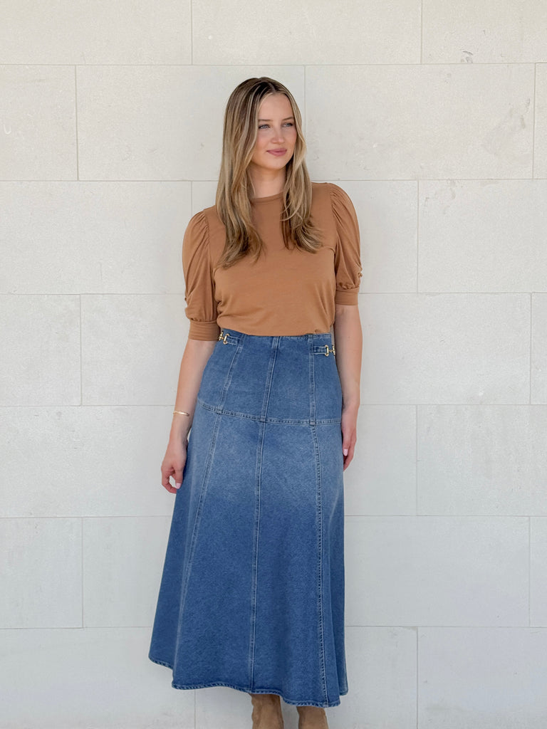 Denim Reins Midi Skirt Clothing Peacocks & Pearls Lexington