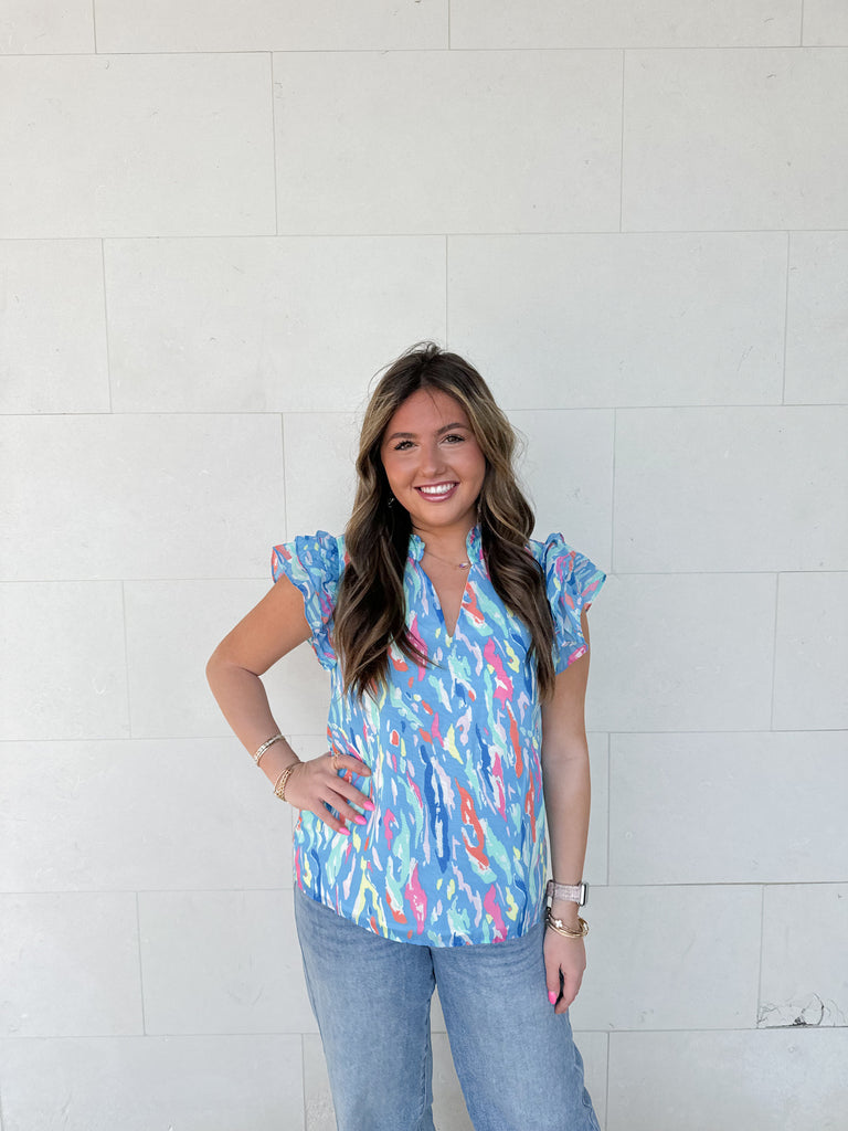 Marley Tiger Tail Multi Blue Pink Top Clothing Peacocks & Pearls Lexington   